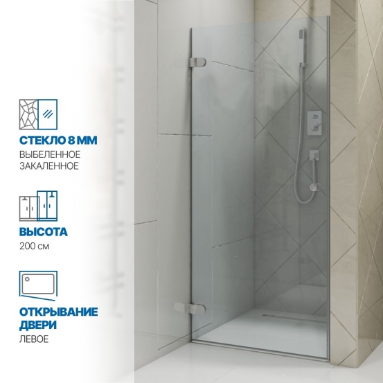 Инфографика 1 LUX DOOR GK-001 хром матовый стекло выбеленное толщина 0_8 левое открывание двери